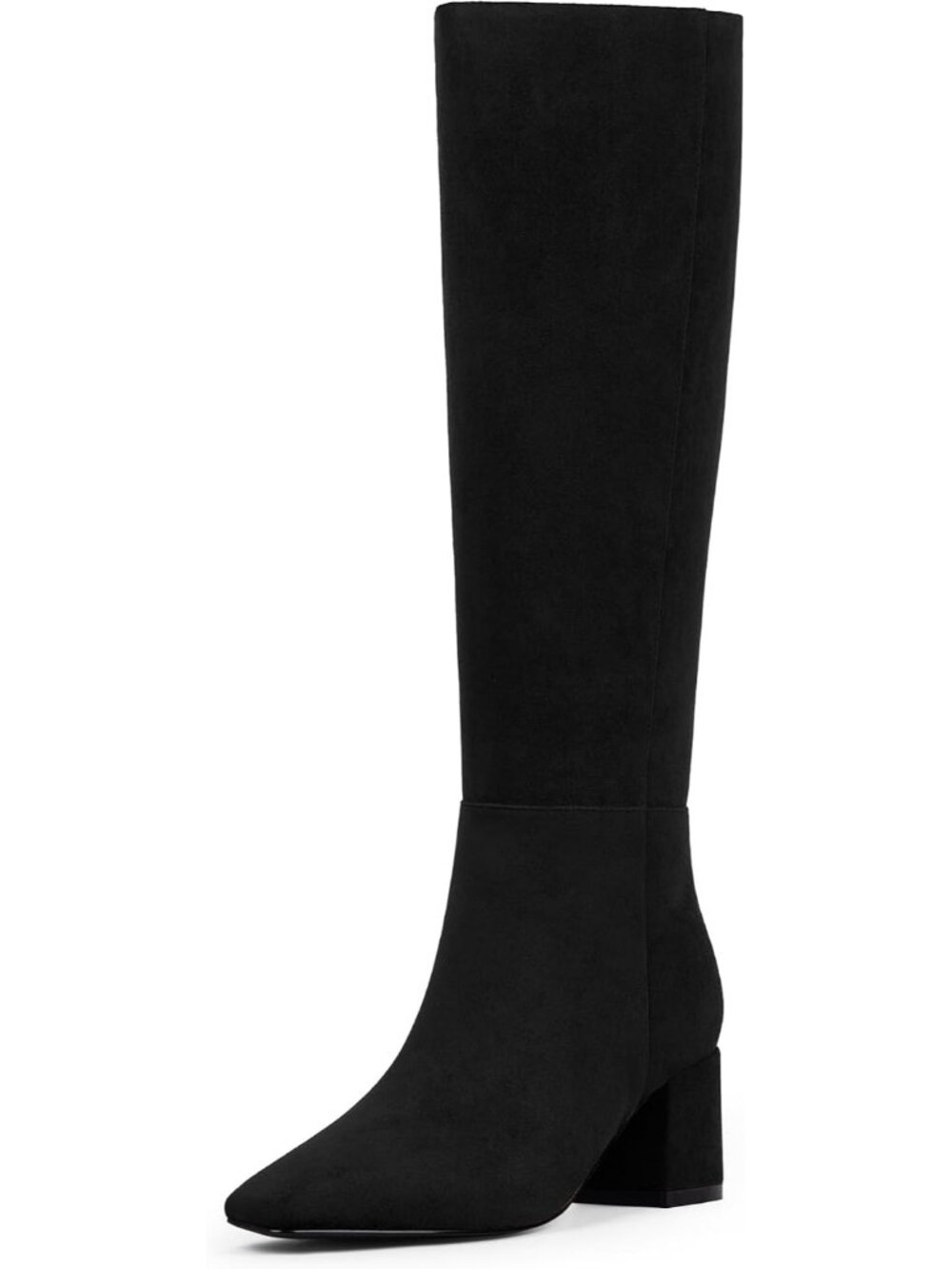 Women's Suede Black Knee High Boots Chunky Heel Square Toe Long Block Heel Boots